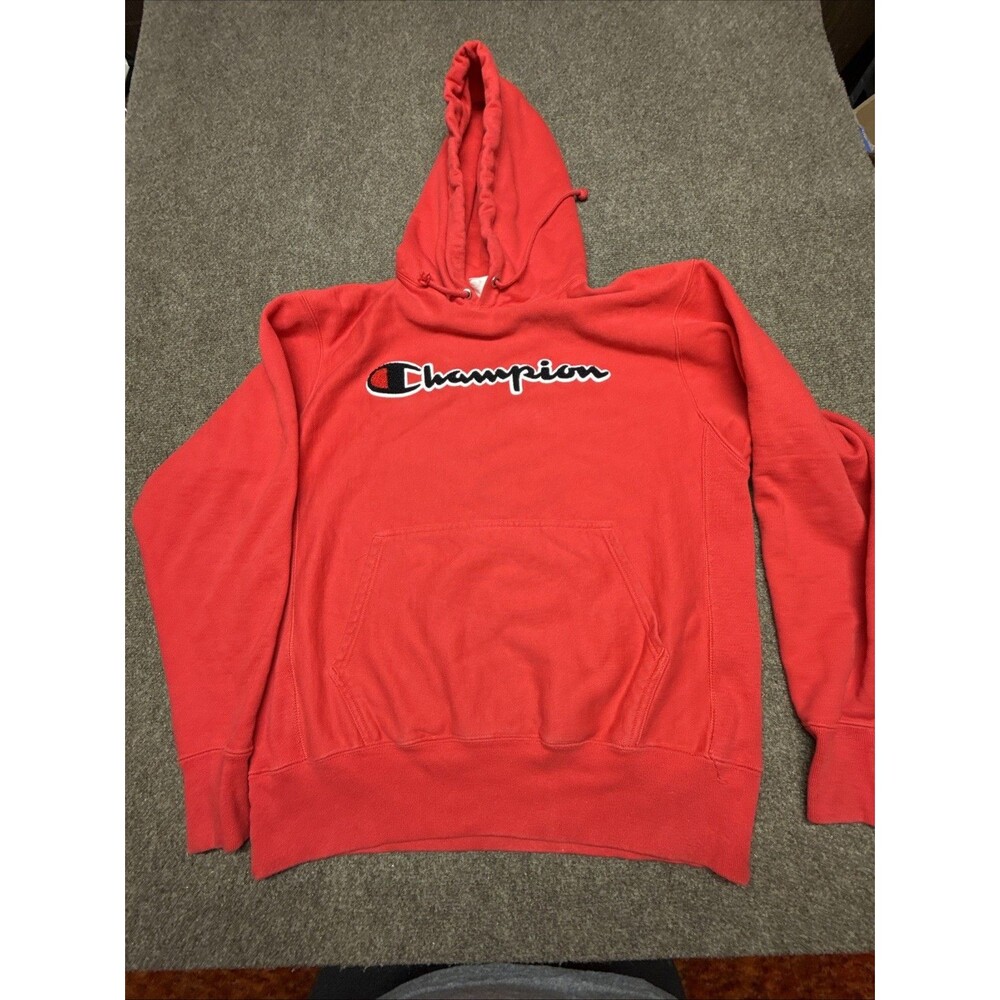 Champion Sweater - Red - Black Logo Spell Out Hoodie Reverse Weave Men’s L